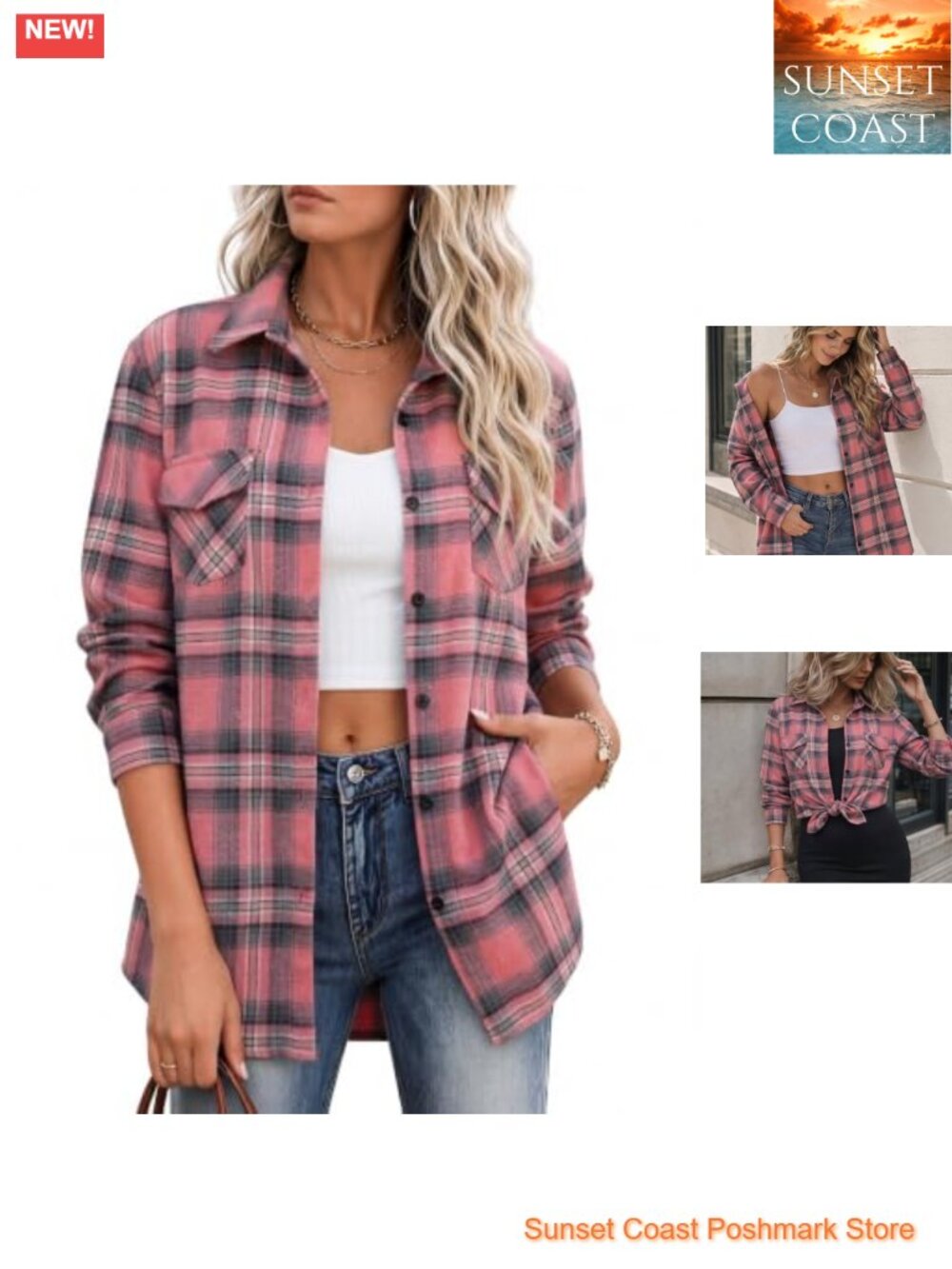 Flannel Shacket Women Plaid Button Down Long Sleeve Shirt Oversized